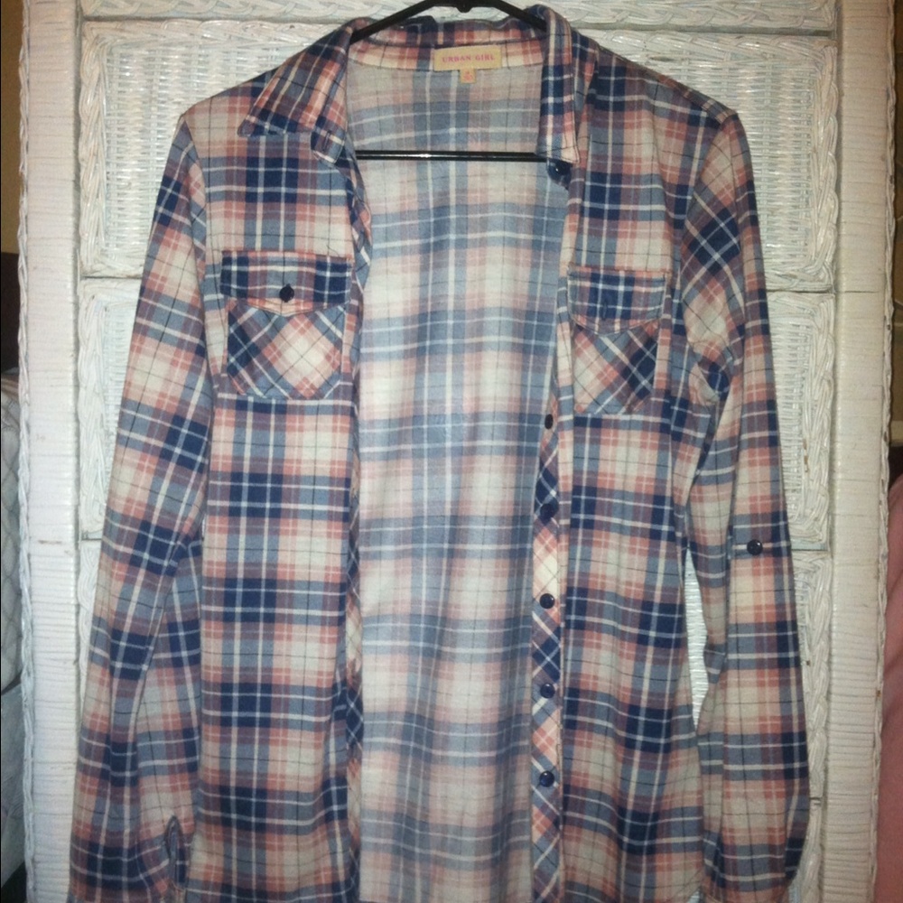 Blue, pink, grey and white plaid shirt